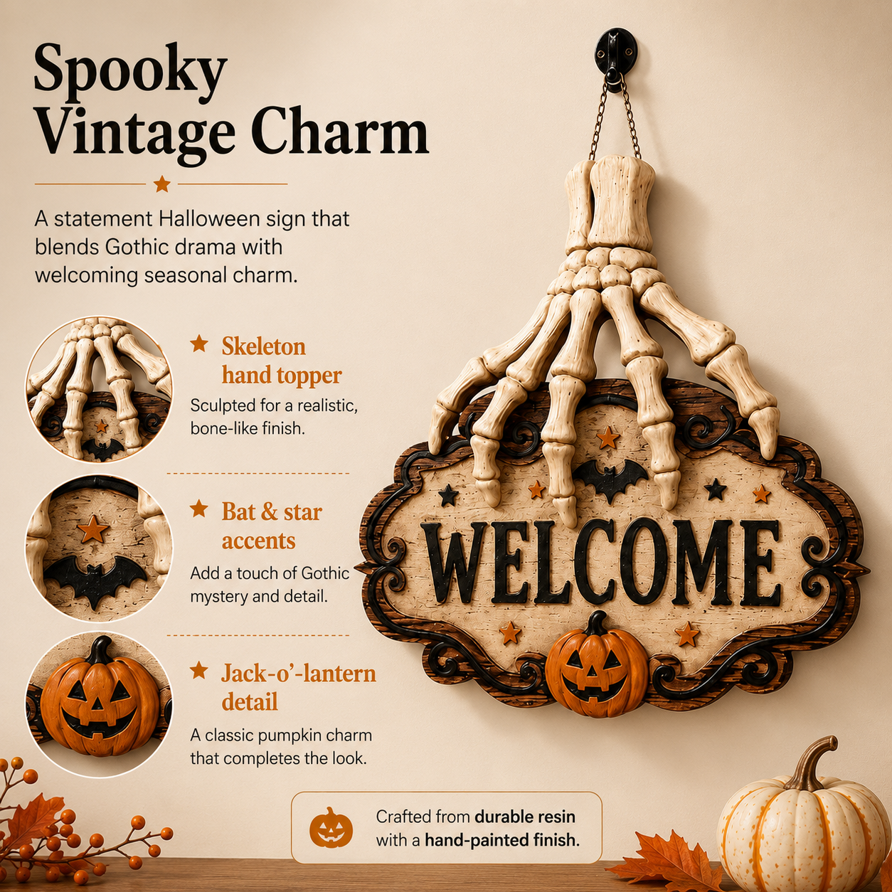 3D Skeleton Hand Halloween Welcome Sign – Resin Hanging Door & Wall Decor