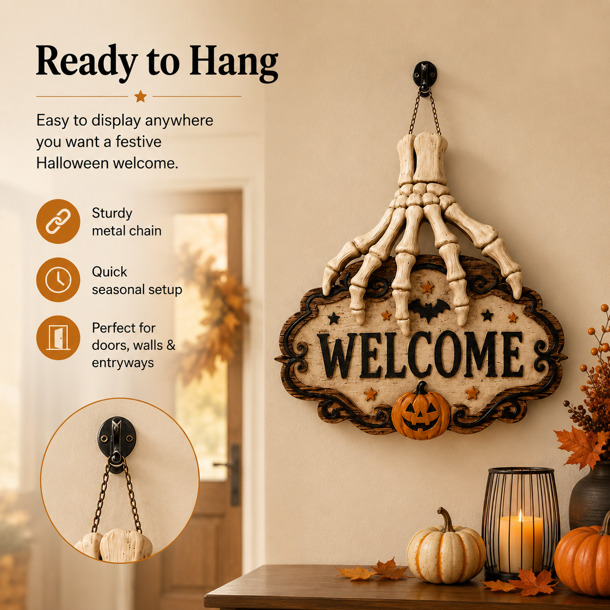 3D Skeleton Hand Halloween Welcome Sign – Resin Hanging Door & Wall Decor
