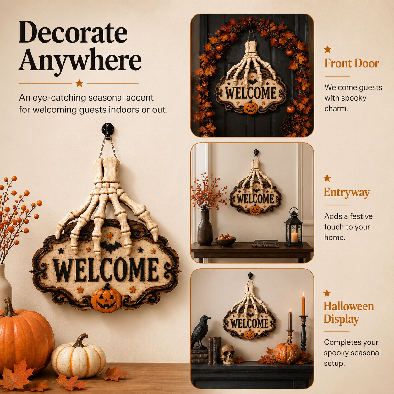3D Skeleton Hand Halloween Welcome Sign – Resin Hanging Door & Wall Decor