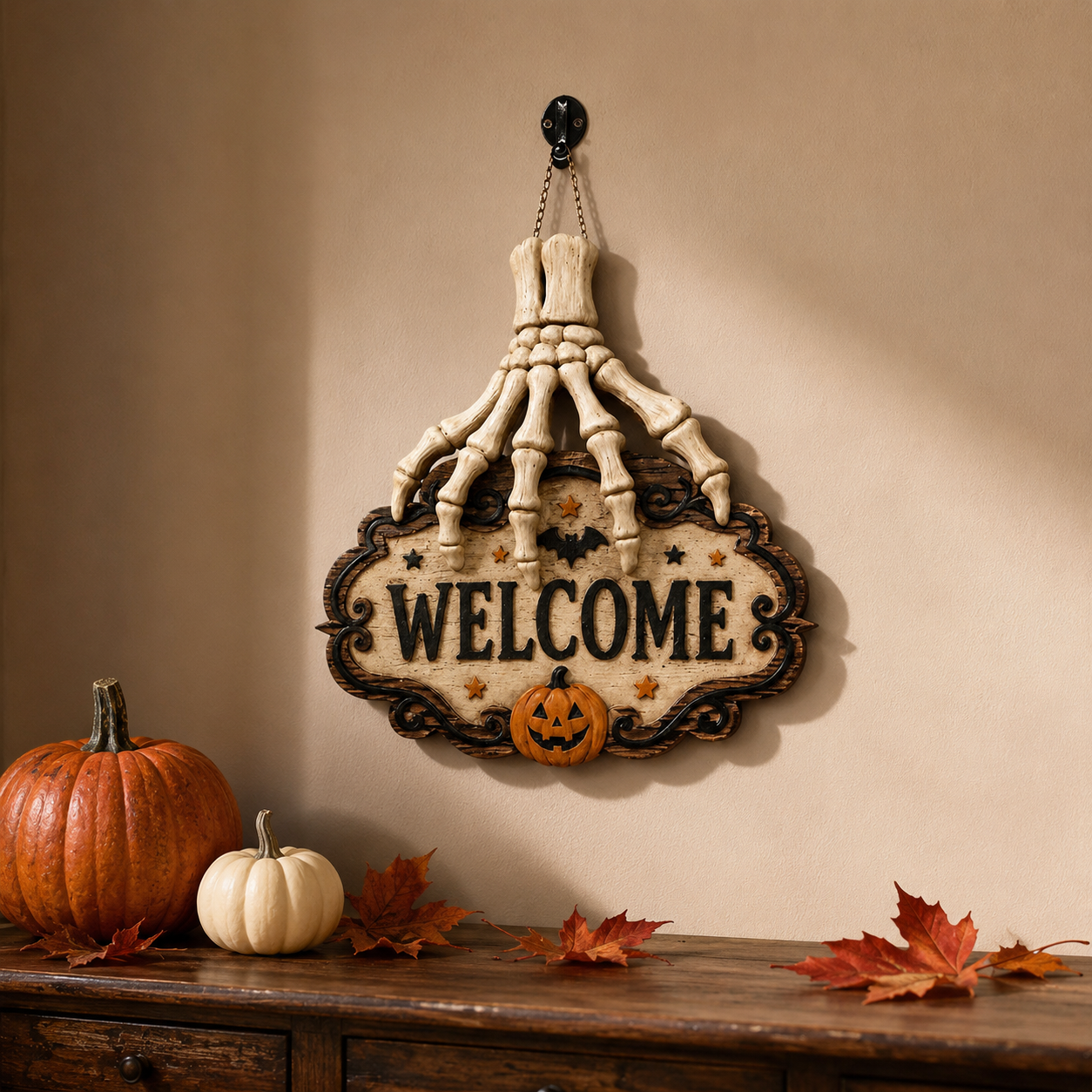 3D Skeleton Hand Halloween Welcome Sign – Resin Hanging Door & Wall Decor