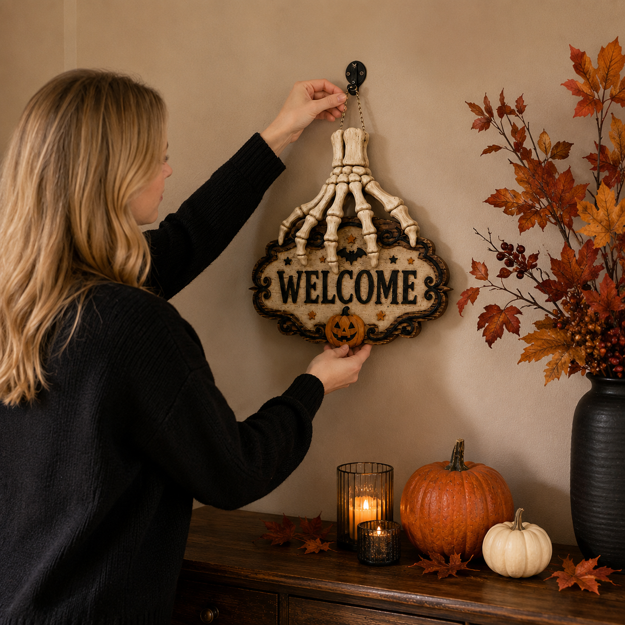 3D Skeleton Hand Halloween Welcome Sign – Resin Hanging Door & Wall Decor