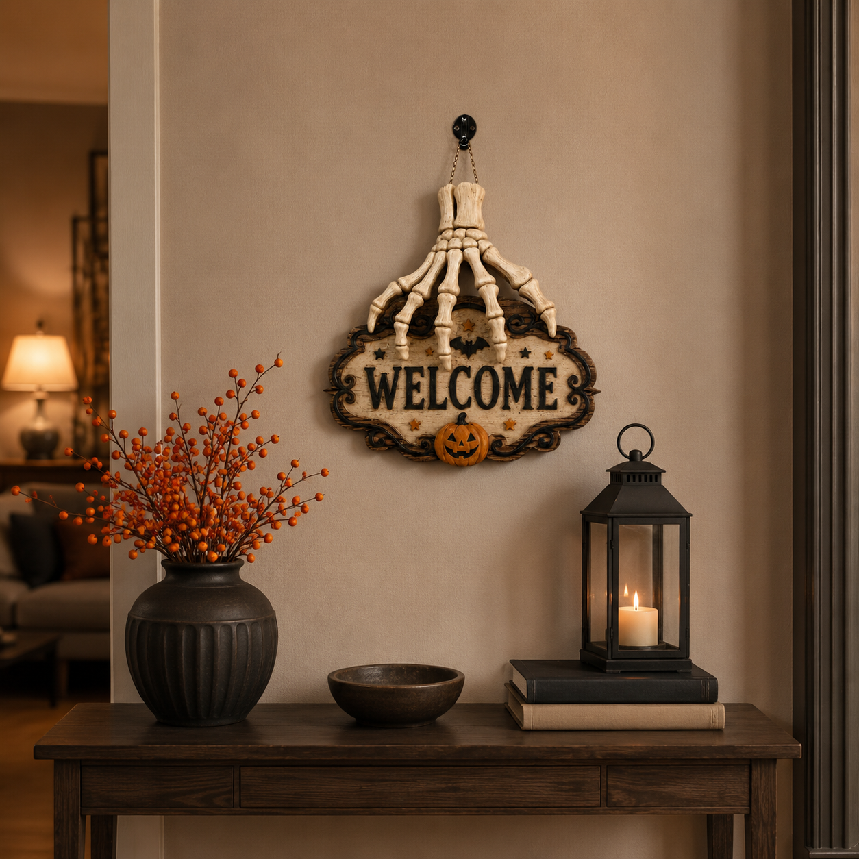 3D Skeleton Hand Halloween Welcome Sign – Resin Hanging Door & Wall Decor