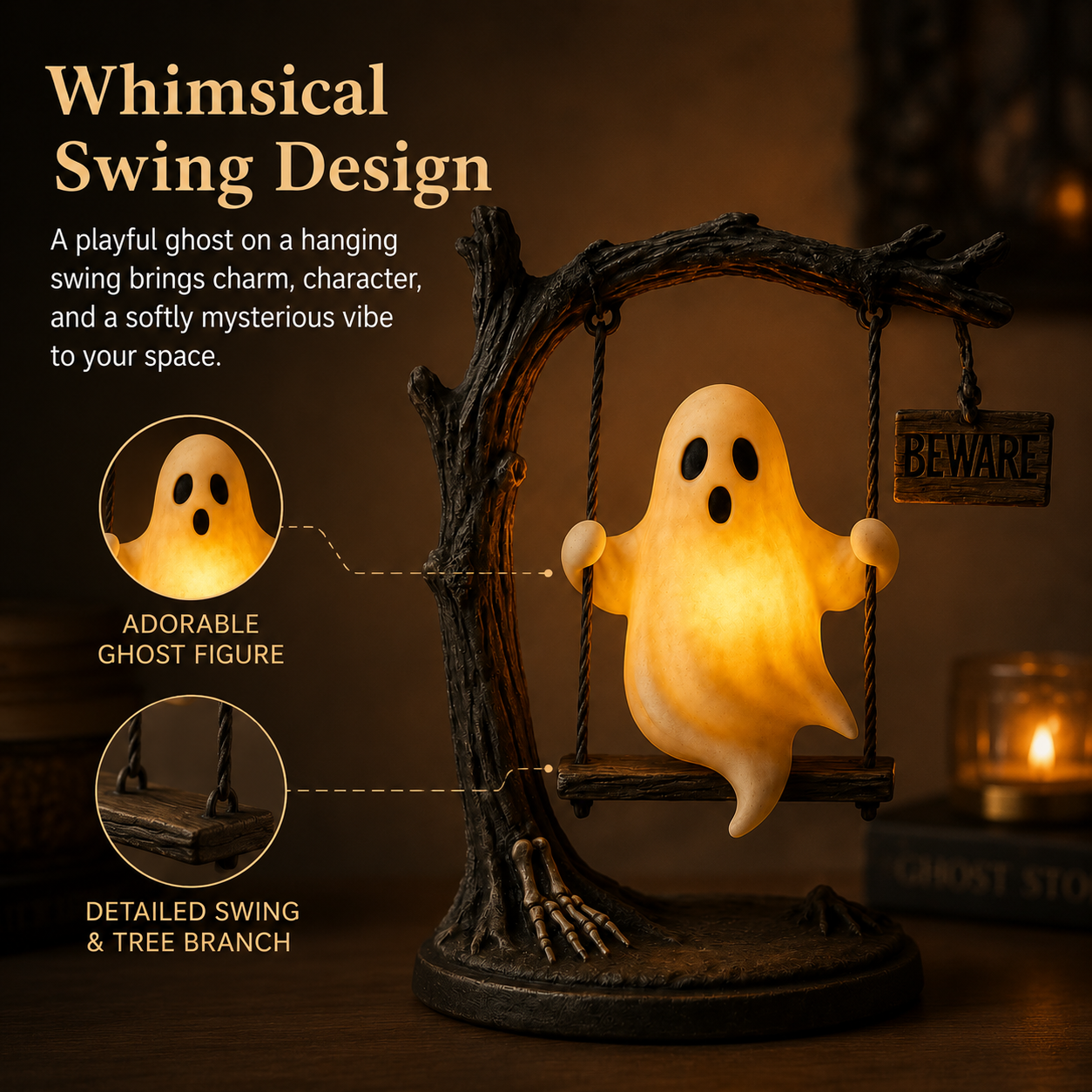 Ghost Swing Night Light, Cute Glowing Ghost Table Lamp