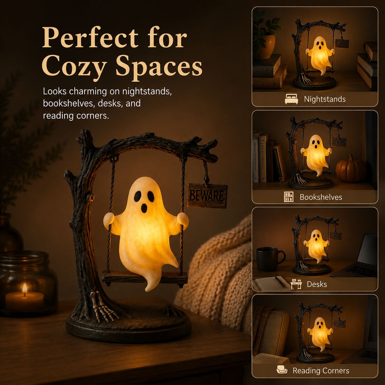 Ghost Swing Night Light, Cute Glowing Ghost Table Lamp