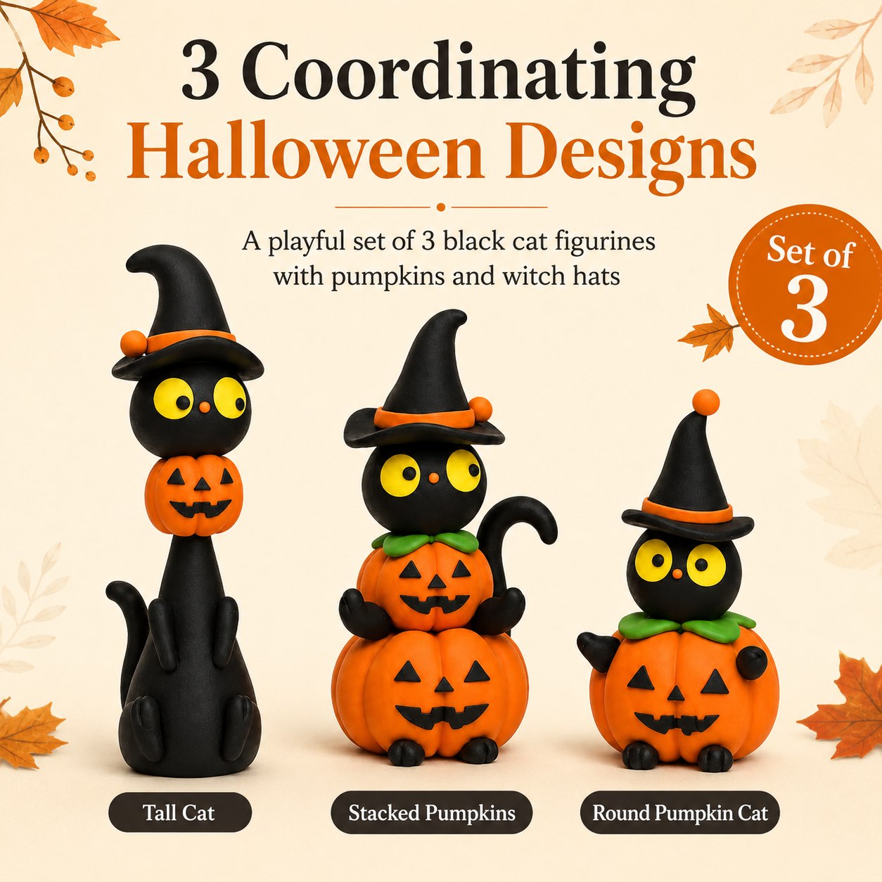 3-Piece Halloween Black Cat & Pumpkin Figurine Set