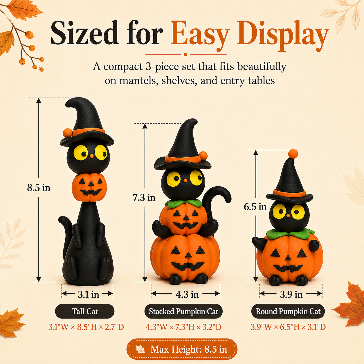 3-Piece Halloween Black Cat & Pumpkin Figurine Set
