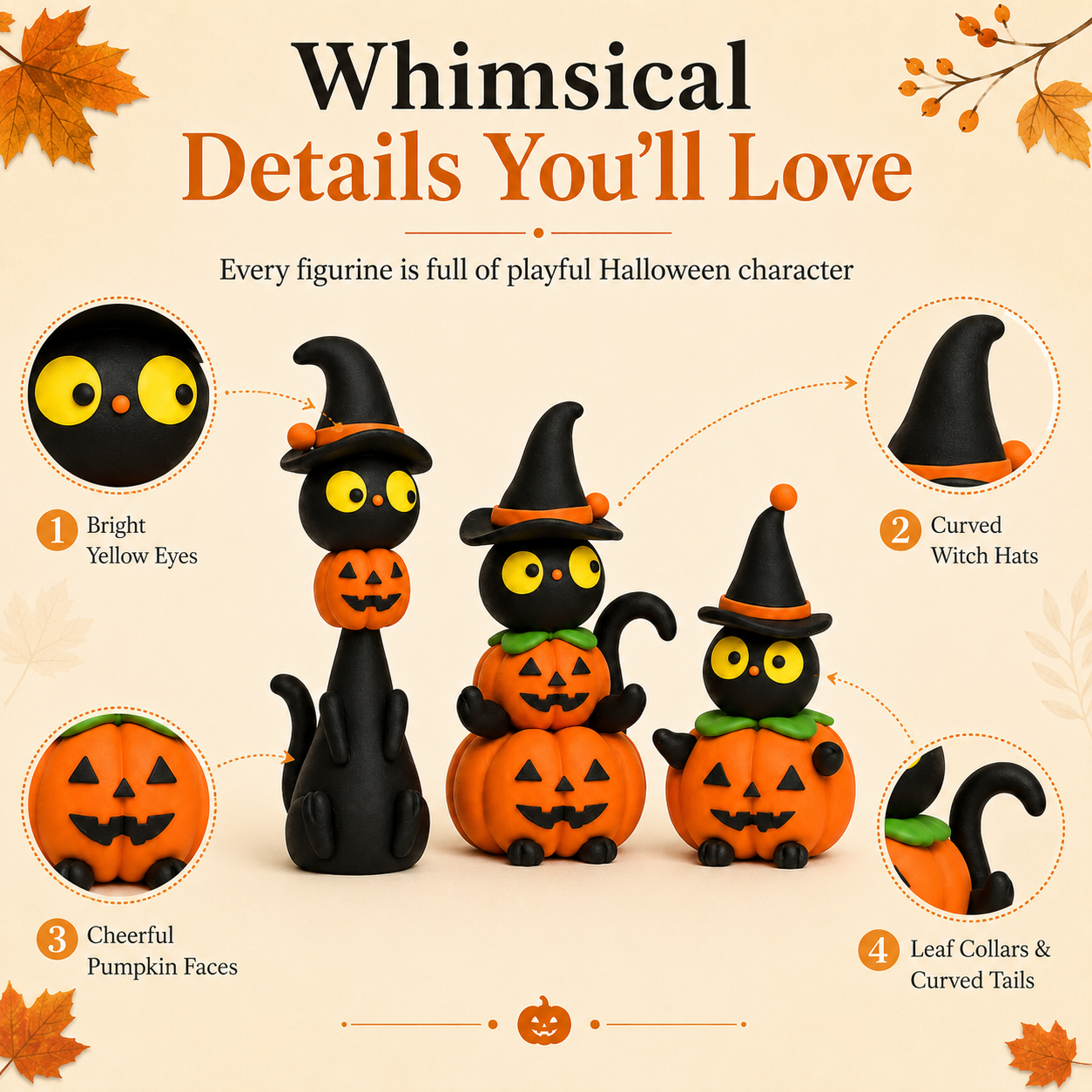 3-Piece Halloween Black Cat & Pumpkin Figurine Set