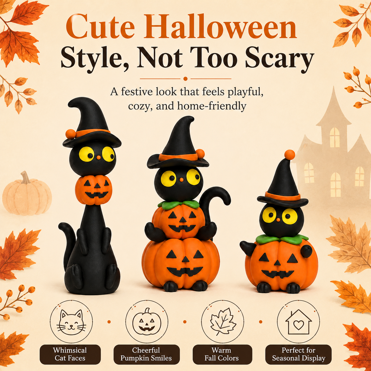 3-Piece Halloween Black Cat & Pumpkin Figurine Set