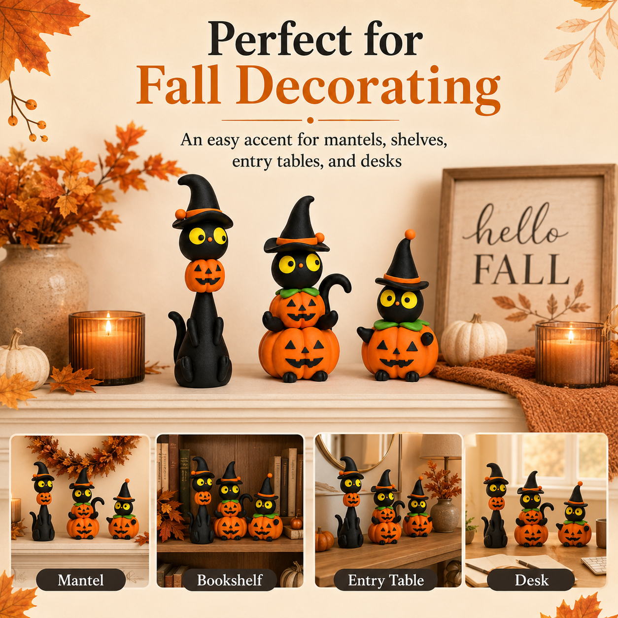 3-Piece Halloween Black Cat & Pumpkin Figurine Set