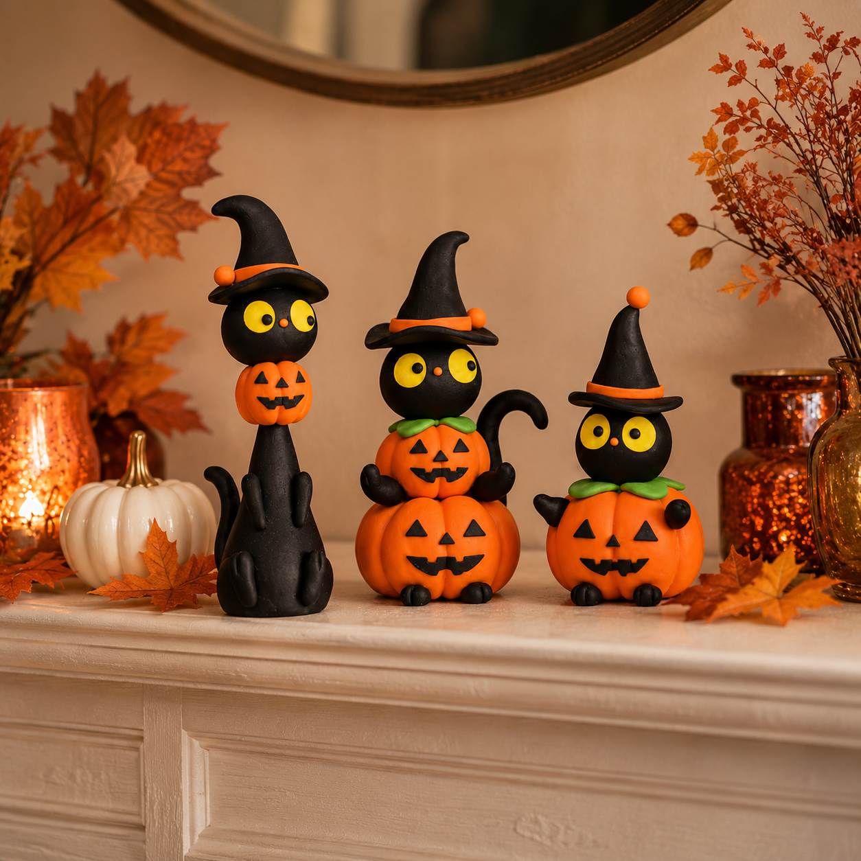 3-Piece Halloween Black Cat & Pumpkin Figurine Set