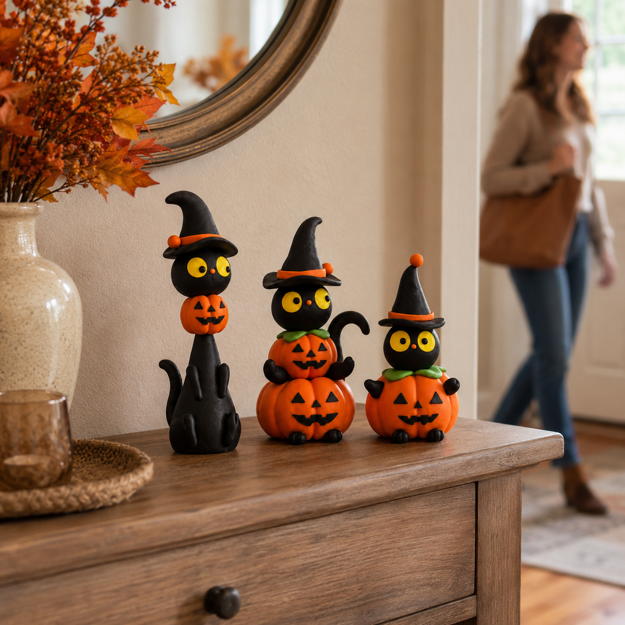 3-Piece Halloween Black Cat & Pumpkin Figurine Set