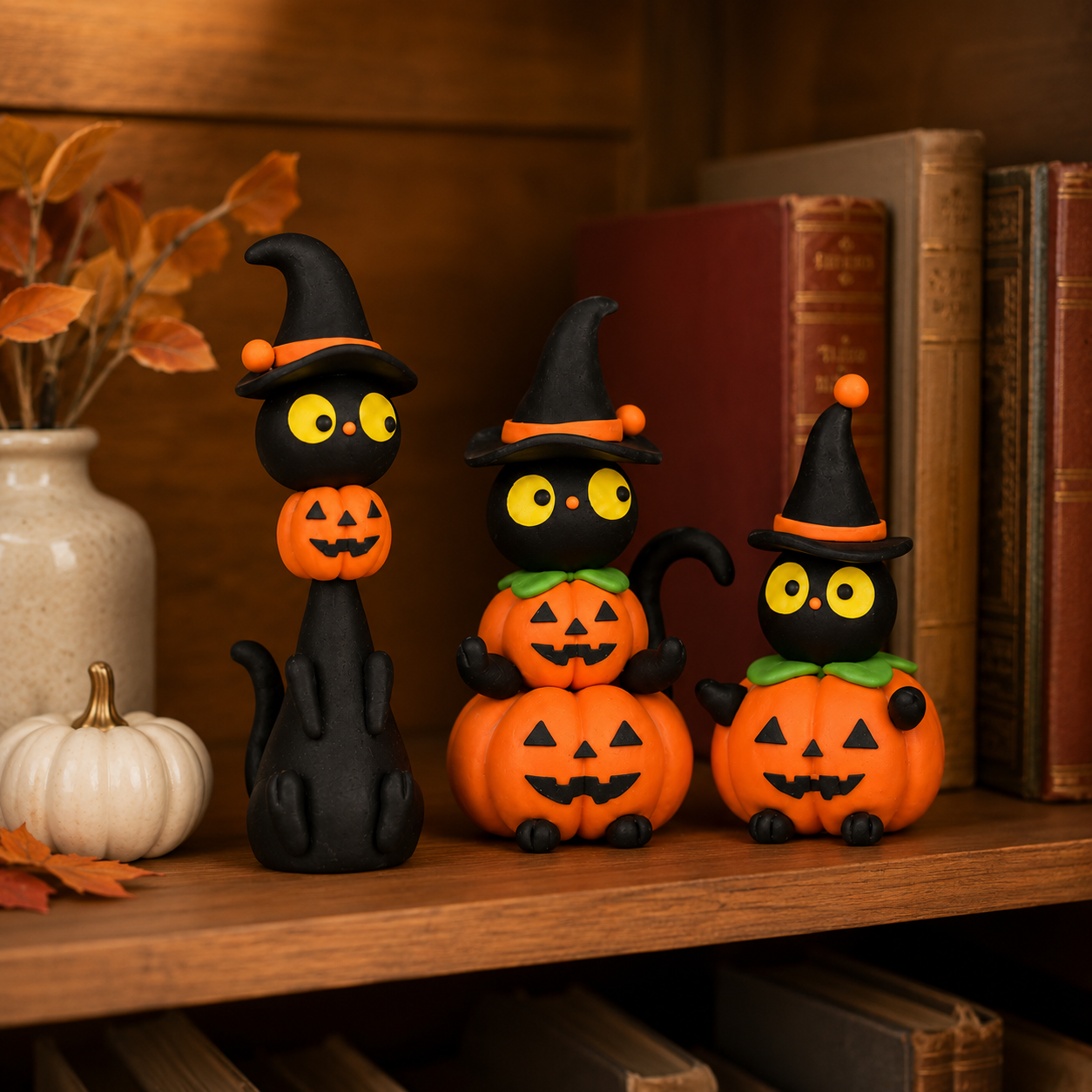 3-Piece Halloween Black Cat & Pumpkin Figurine Set