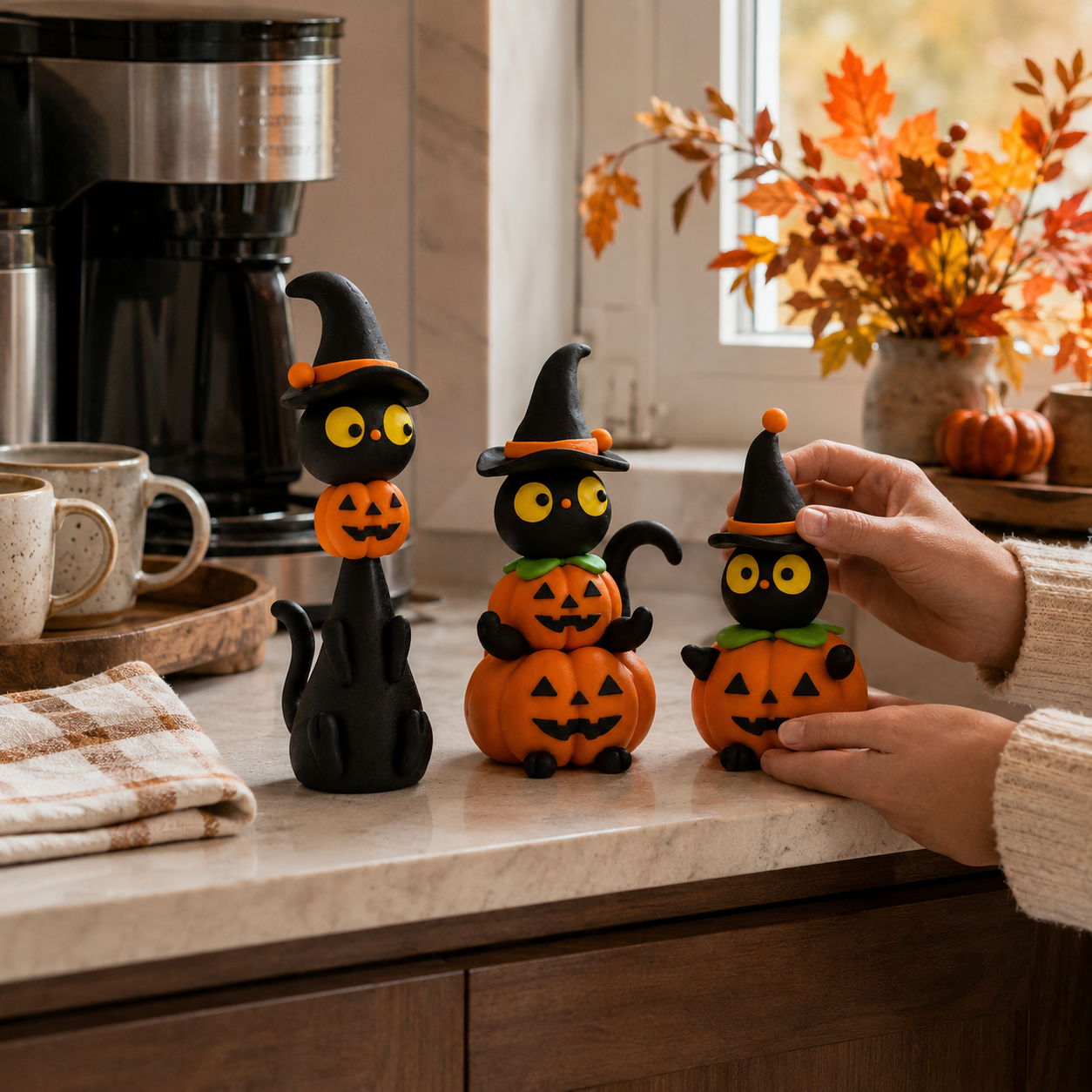 3-Piece Halloween Black Cat & Pumpkin Figurine Set