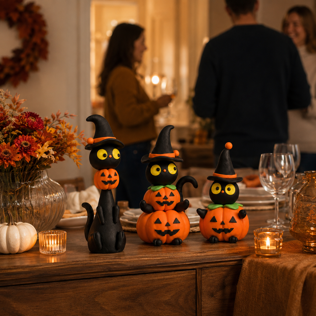 3-Piece Halloween Black Cat & Pumpkin Figurine Set