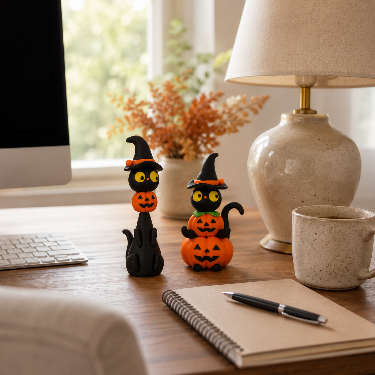 3-Piece Halloween Black Cat & Pumpkin Figurine Set