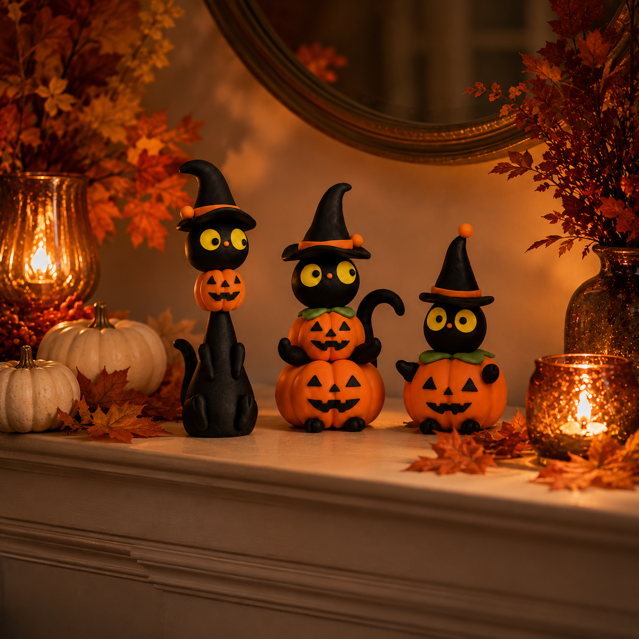 3-Piece Halloween Black Cat & Pumpkin Figurine Set