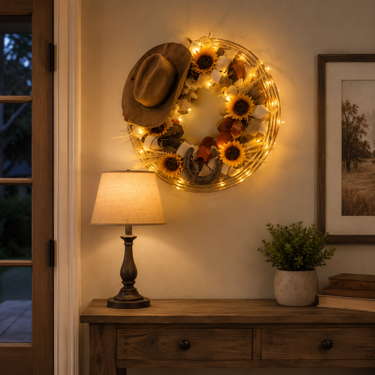 Handcrafted Lighted Western Cowboy Hat Wreath – 2 Styles