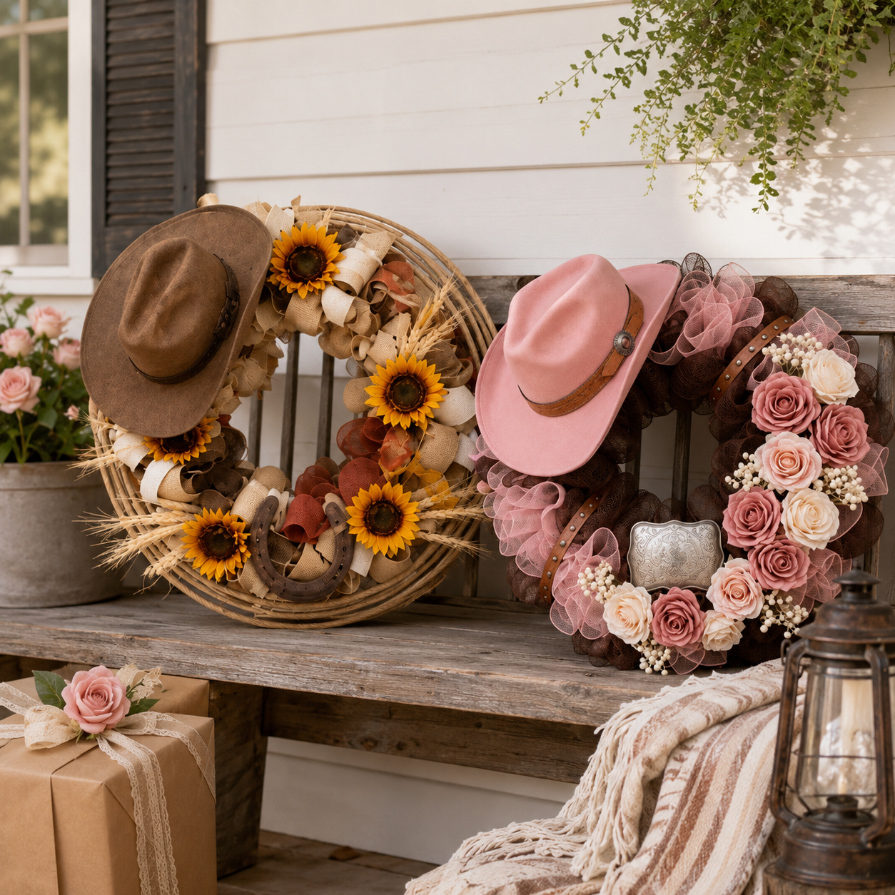 Handcrafted Lighted Western Cowboy Hat Wreath – 2 Styles