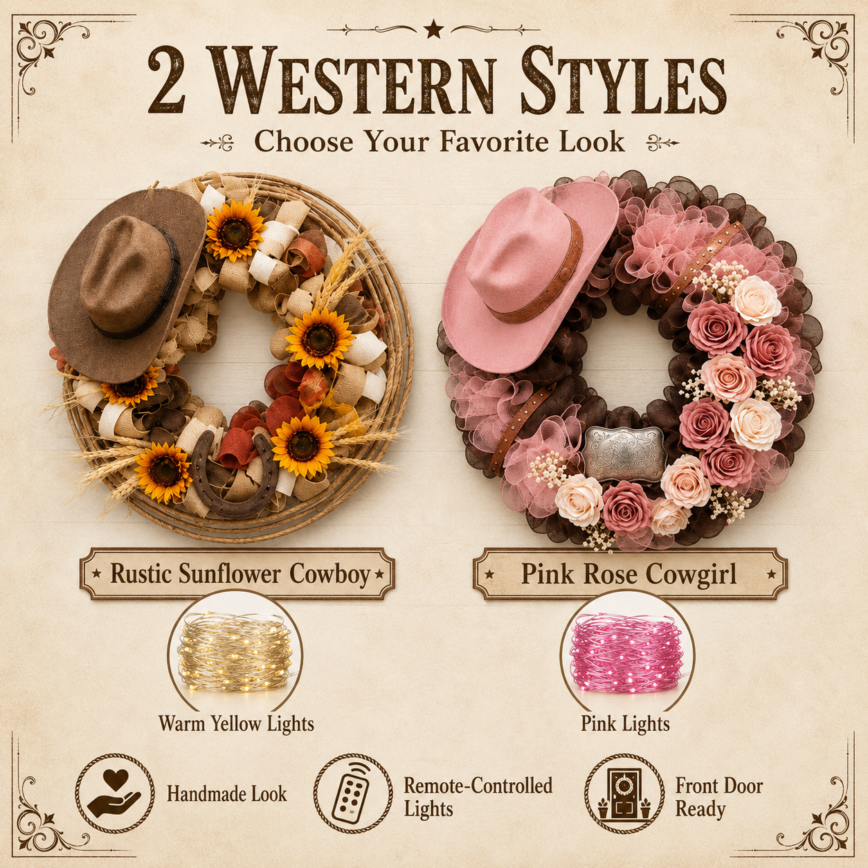 Handcrafted Lighted Western Cowboy Hat Wreath – 2 Styles