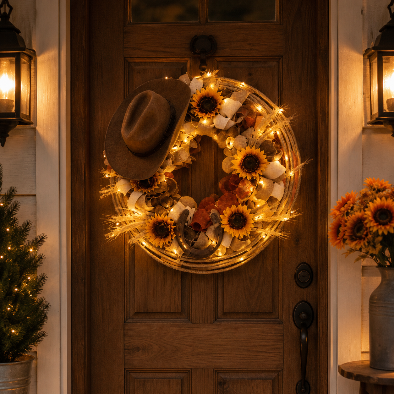 Handcrafted Lighted Western Cowboy Hat Wreath – 2 Styles