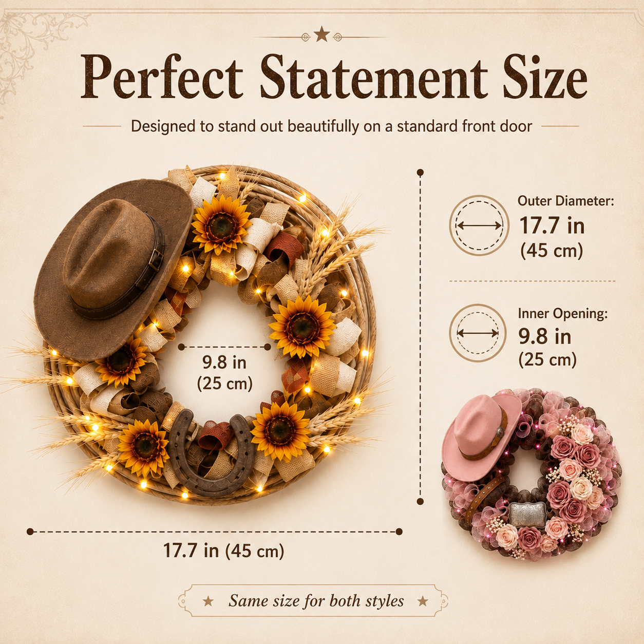 Handcrafted Lighted Western Cowboy Hat Wreath – 2 Styles