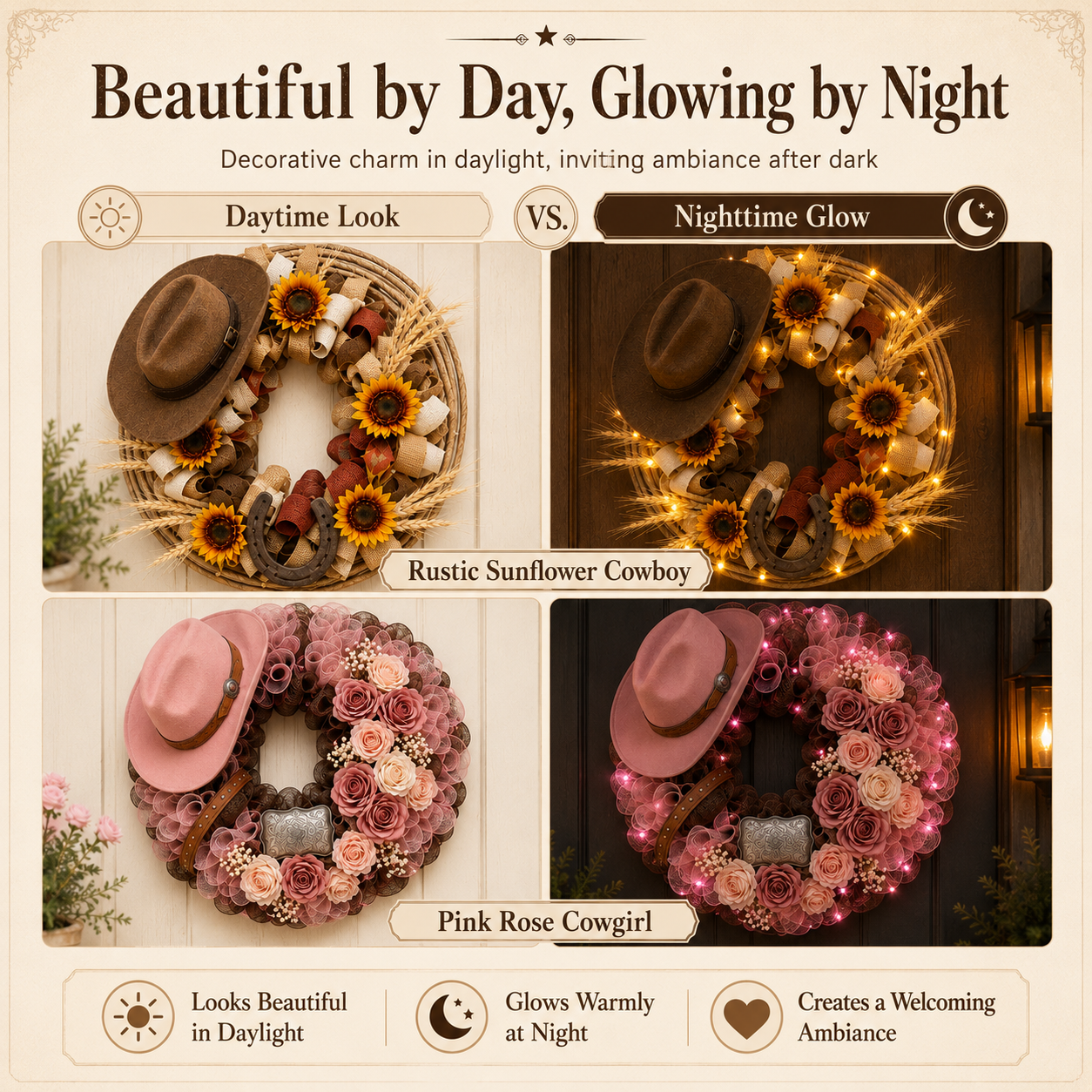 Handcrafted Lighted Western Cowboy Hat Wreath – 2 Styles