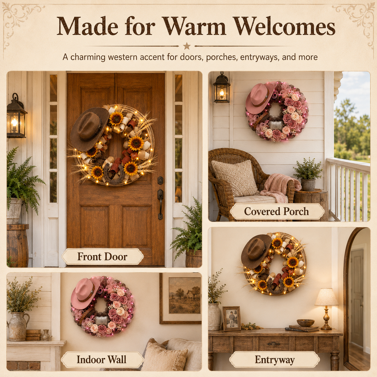 Handcrafted Lighted Western Cowboy Hat Wreath – 2 Styles