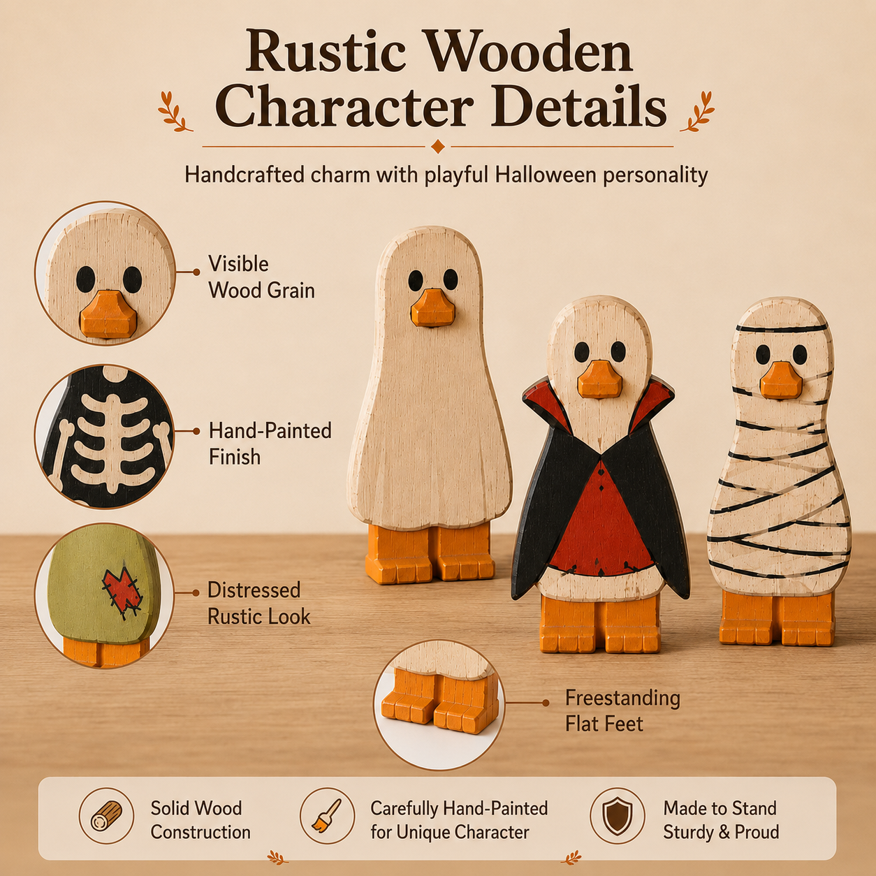 Spooky Halloween Duck Figurines – Wooden Tabletop Decorations