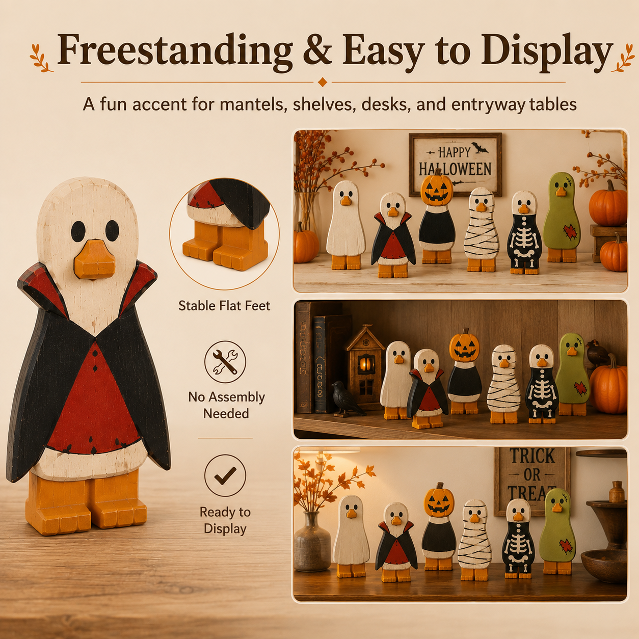 Spooky Halloween Duck Figurines – Wooden Tabletop Decorations
