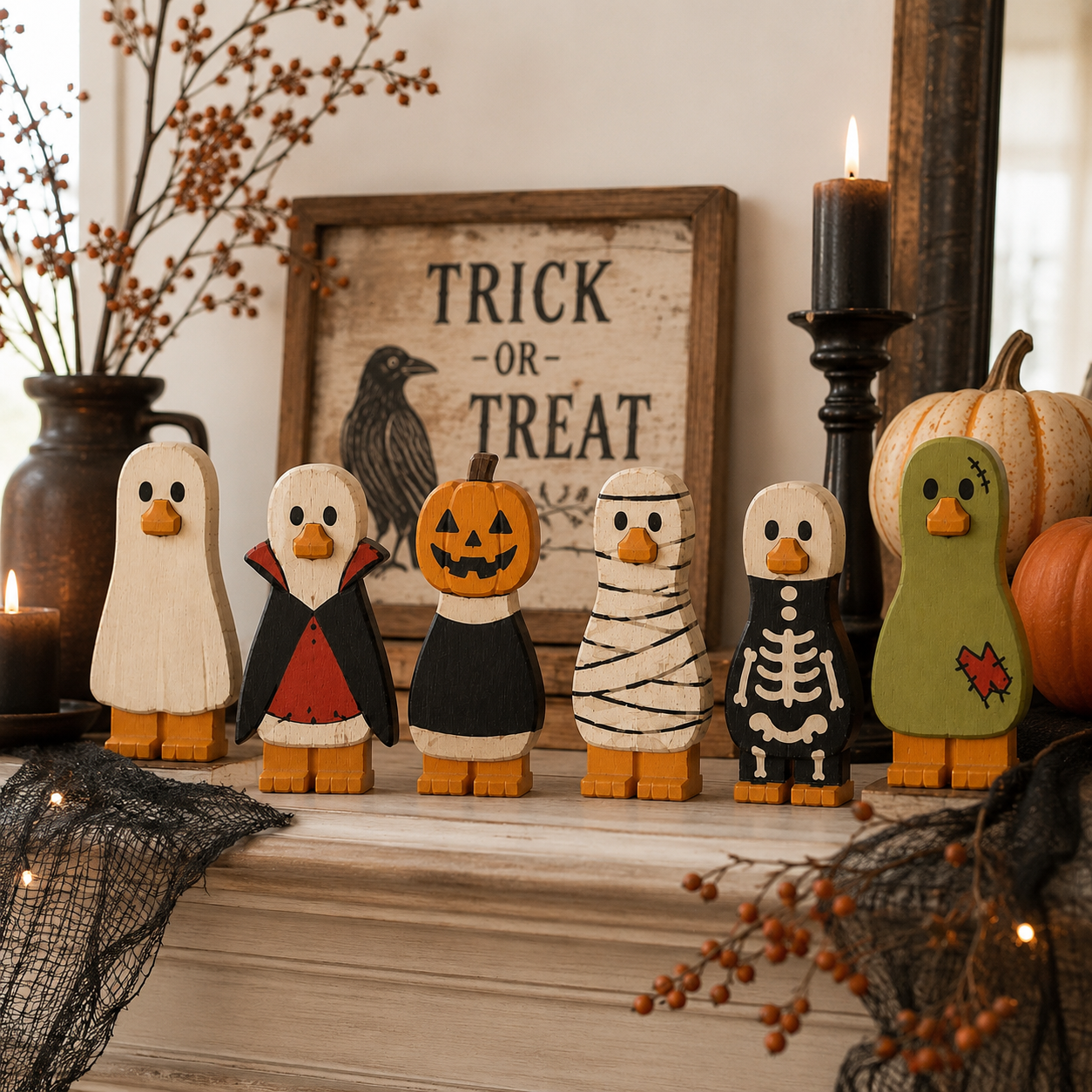 Spooky Halloween Duck Figurines – Wooden Tabletop Decorations