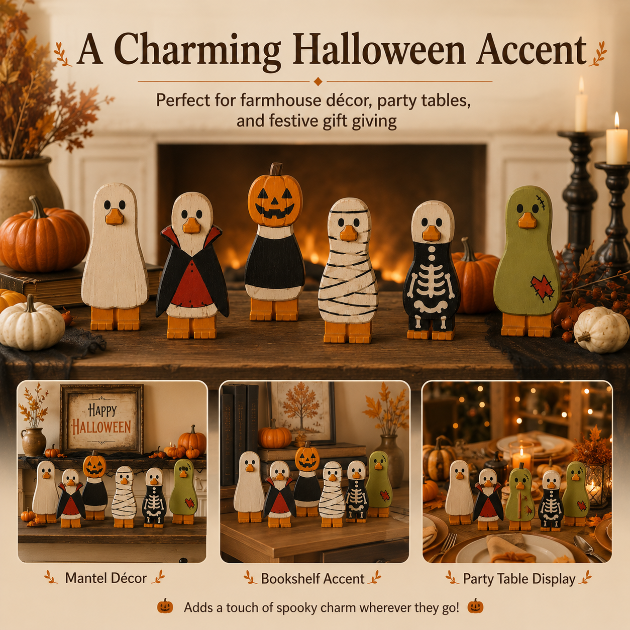 Spooky Halloween Duck Figurines – Wooden Tabletop Decorations