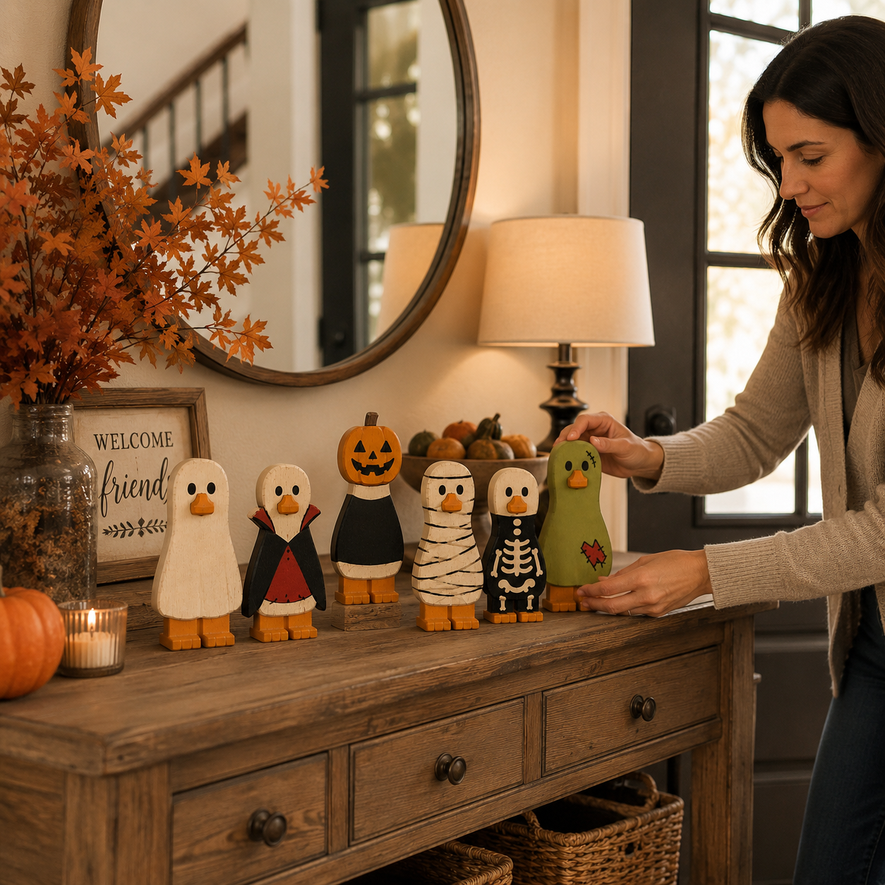 Spooky Halloween Duck Figurines – Wooden Tabletop Decorations