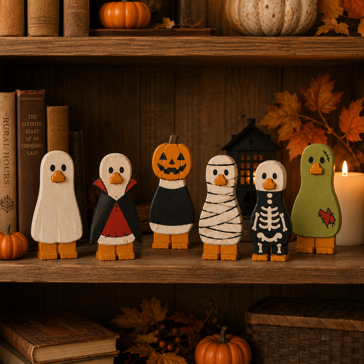 Spooky Halloween Duck Figurines – Wooden Tabletop Decorations