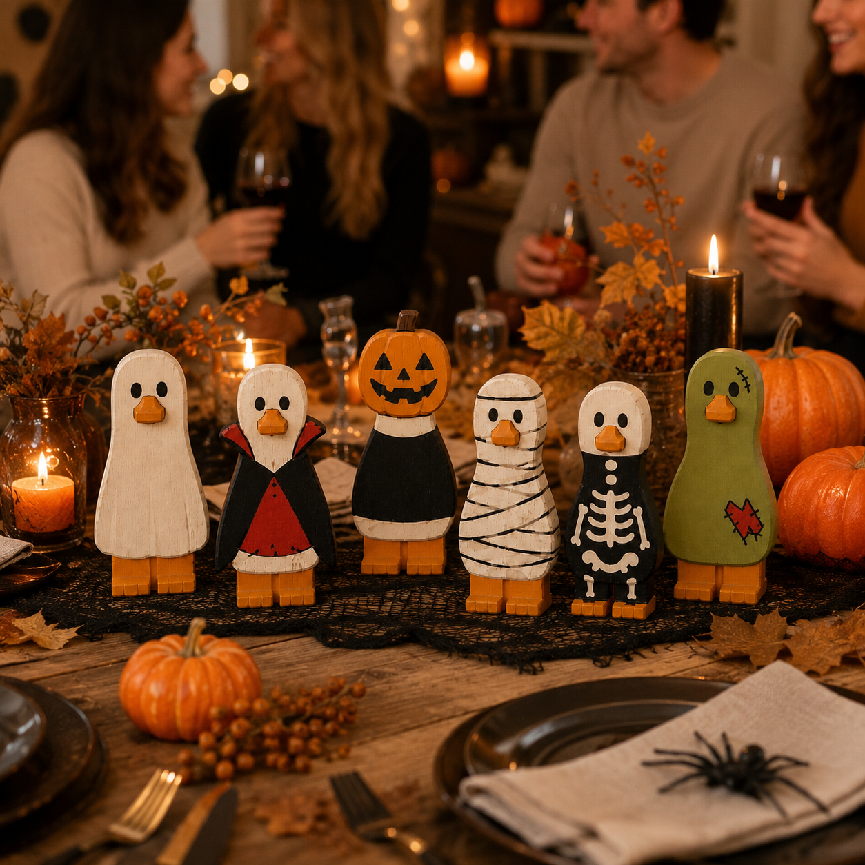 Spooky Halloween Duck Figurines – Wooden Tabletop Decorations