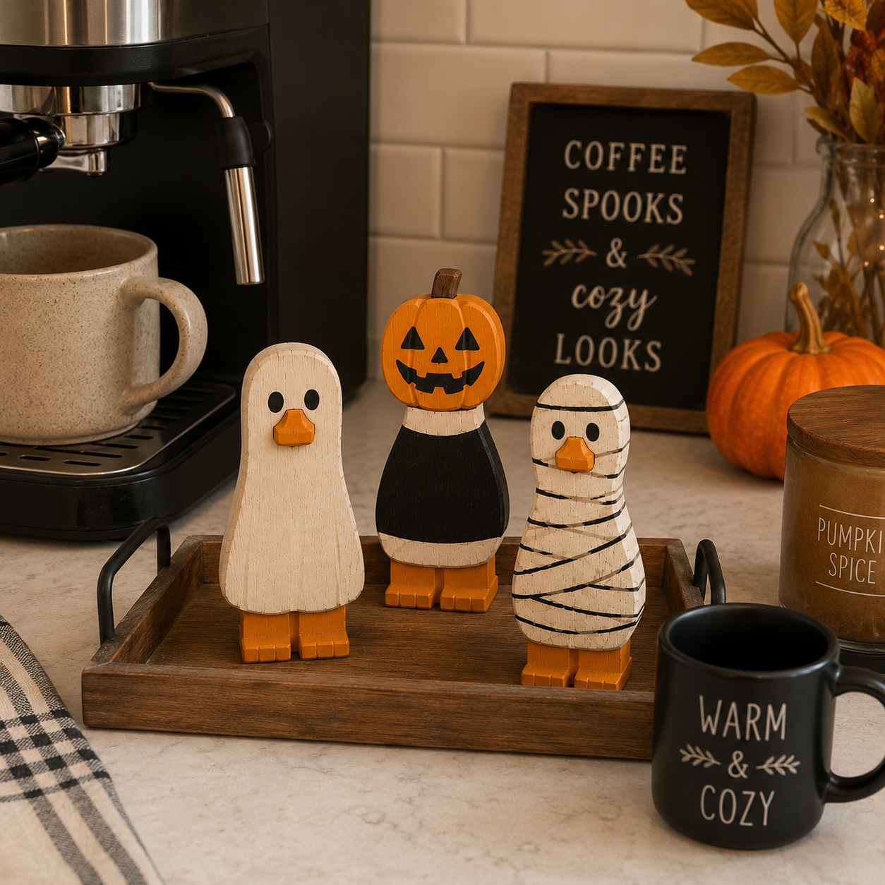 Spooky Halloween Duck Figurines – Wooden Tabletop Decorations