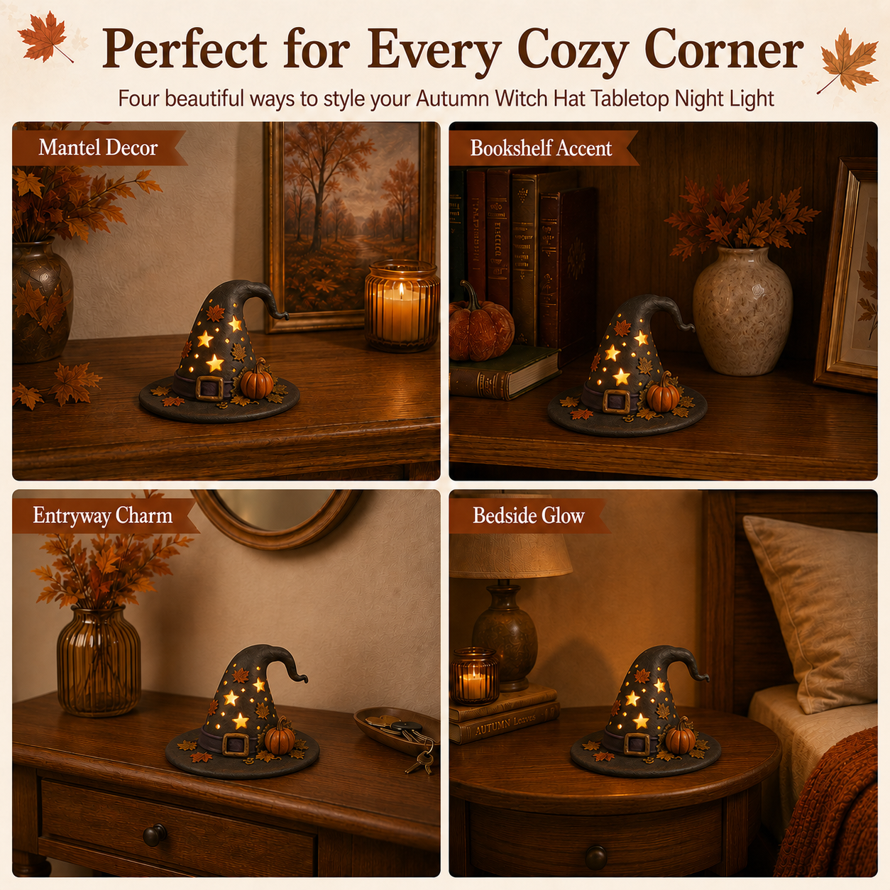 Autumn Witch Hat Tabletop Night Light – Lighted Fall Resin Decor