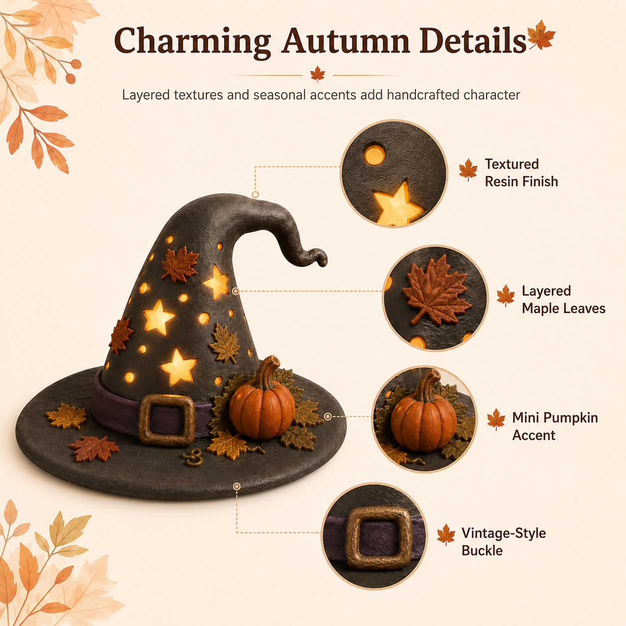 Autumn Witch Hat Tabletop Night Light – Lighted Fall Resin Decor