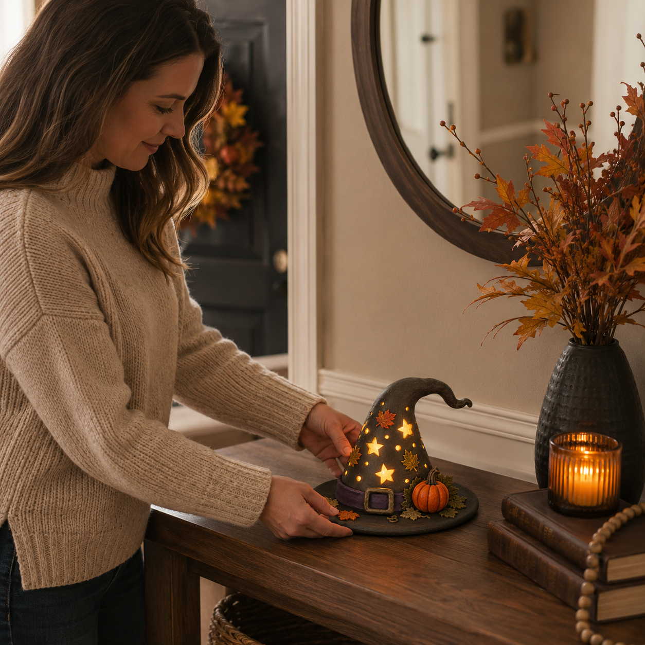 Autumn Witch Hat Tabletop Night Light – Lighted Fall Resin Decor