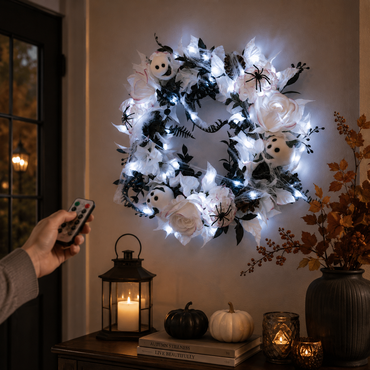 Spooky Elegance Lighted Halloween Wreath