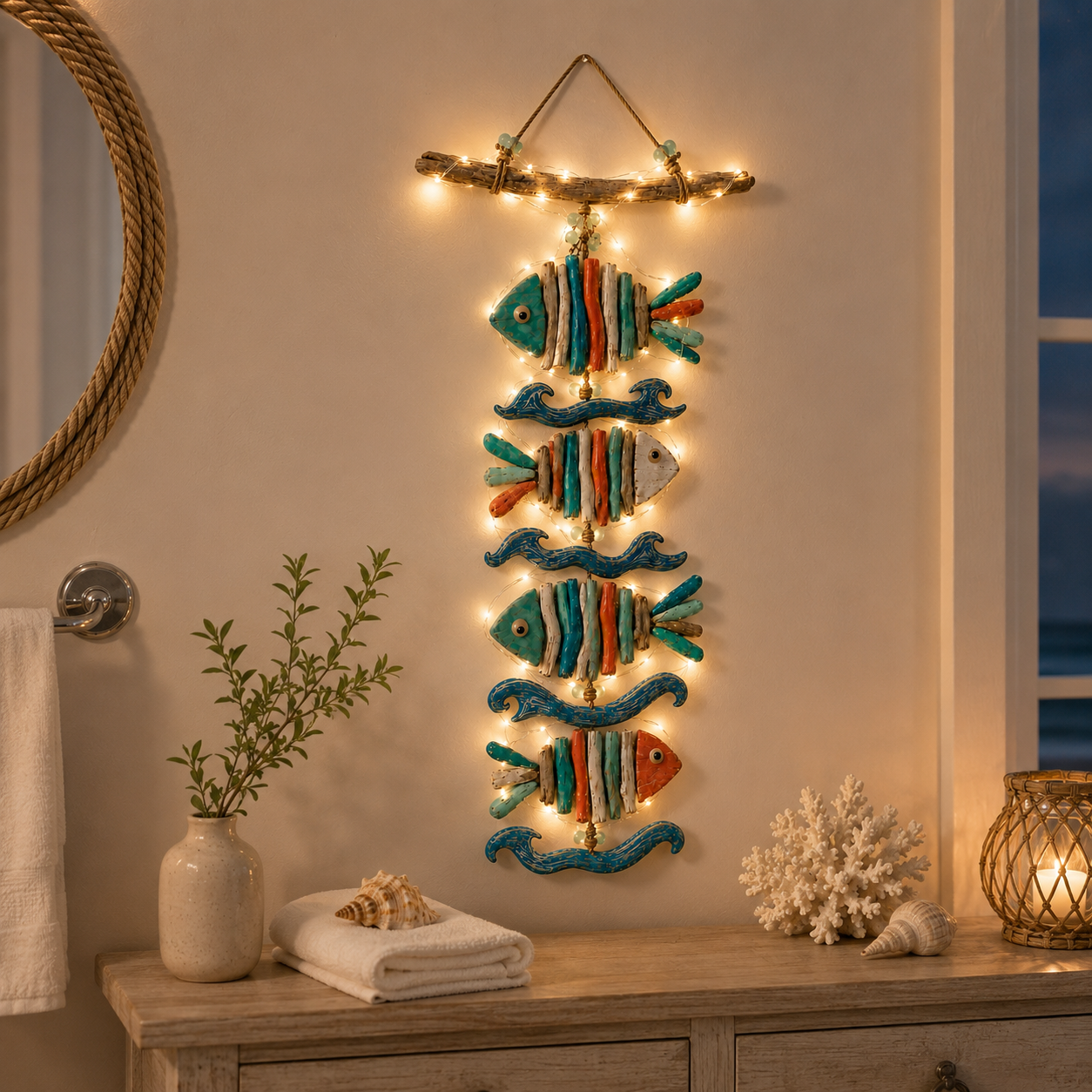 Coastal Glow Driftwood Fish Wall Hanging with Remote-Controlled Fairy Lights