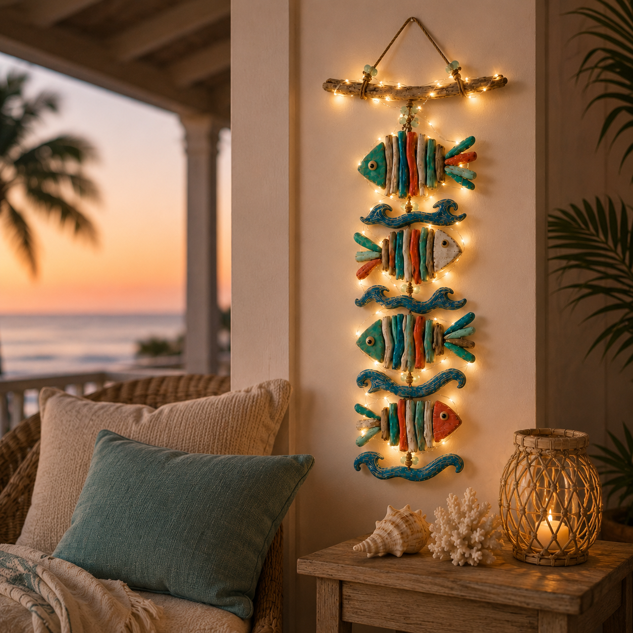 Coastal Glow Driftwood Fish Wall Hanging with Remote-Controlled Fairy Lights