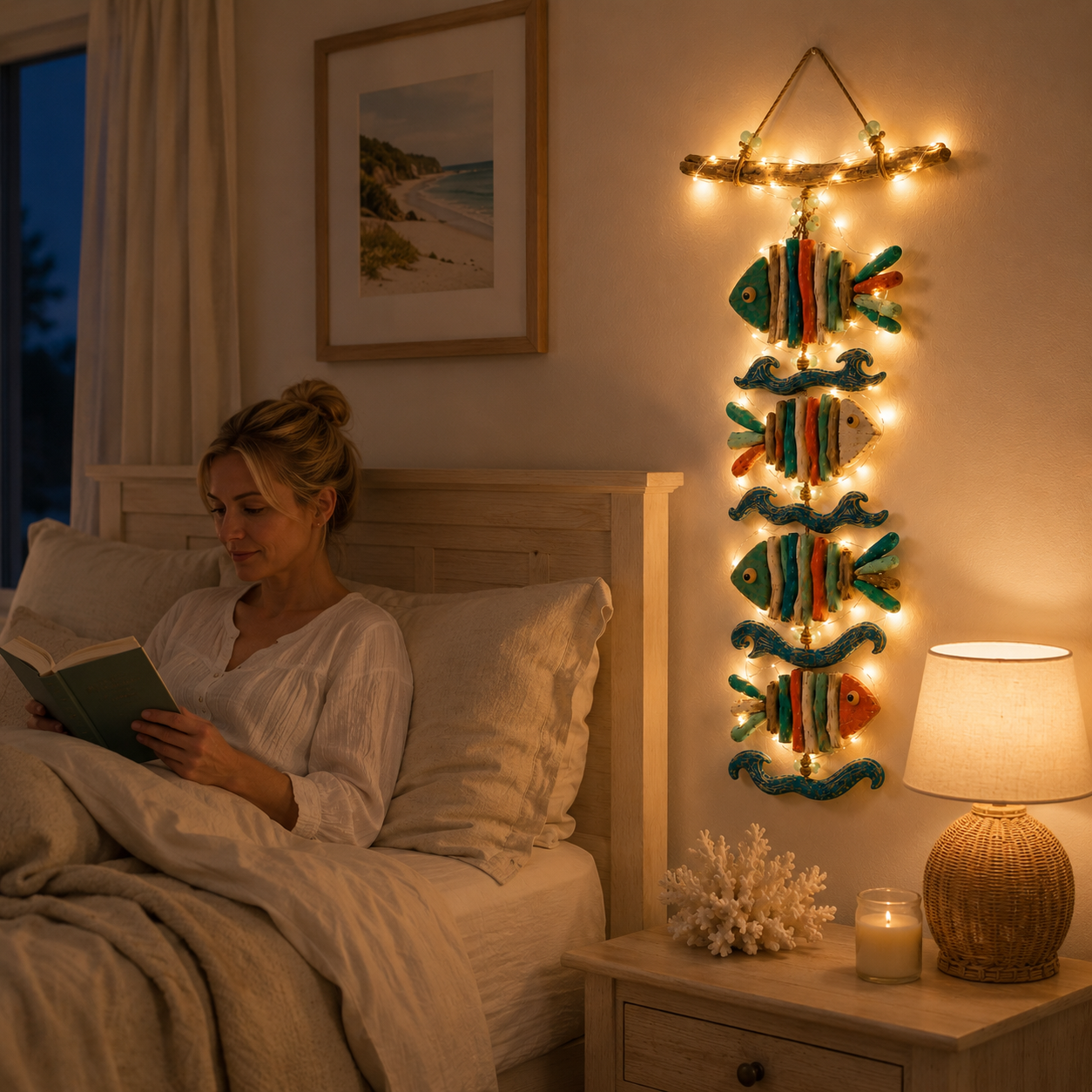 Coastal Glow Driftwood Fish Wall Hanging with Remote-Controlled Fairy Lights