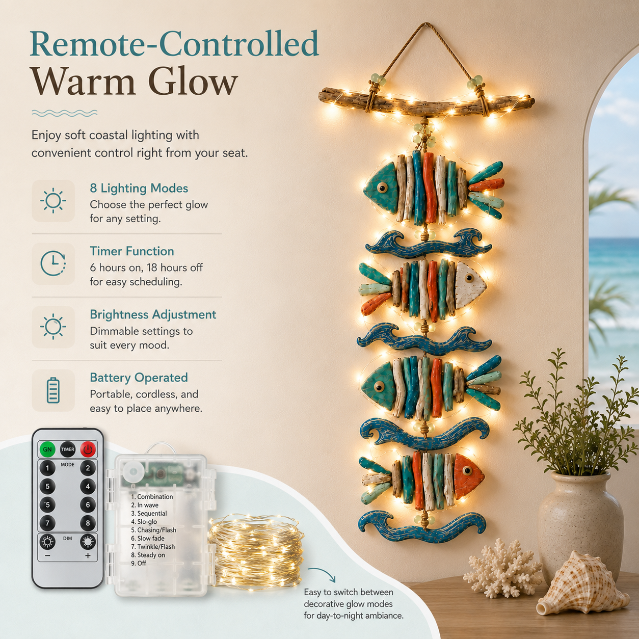 Coastal Glow Driftwood Fish Wall Hanging with Remote-Controlled Fairy Lights