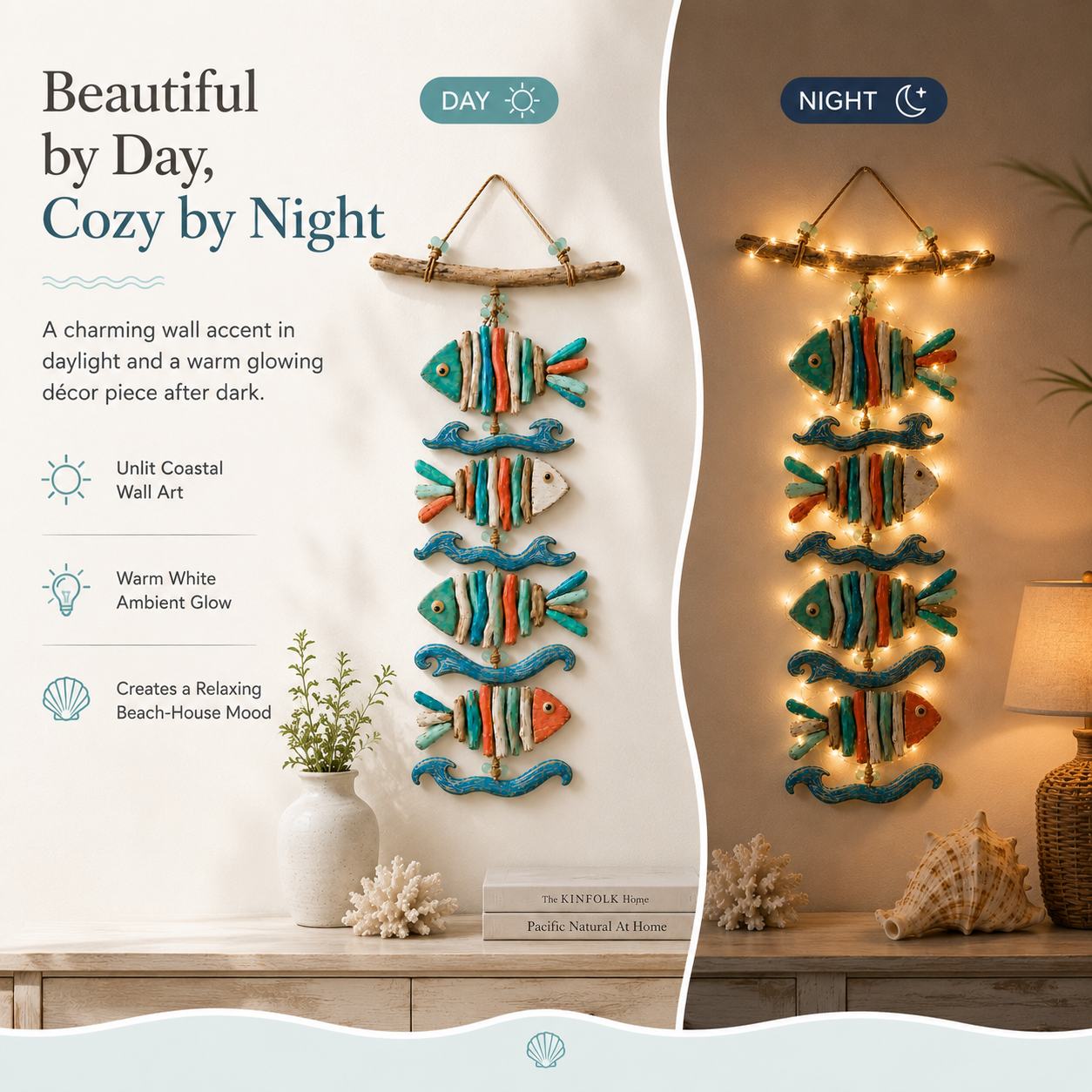 Coastal Glow Driftwood Fish Wall Hanging with Remote-Controlled Fairy Lights