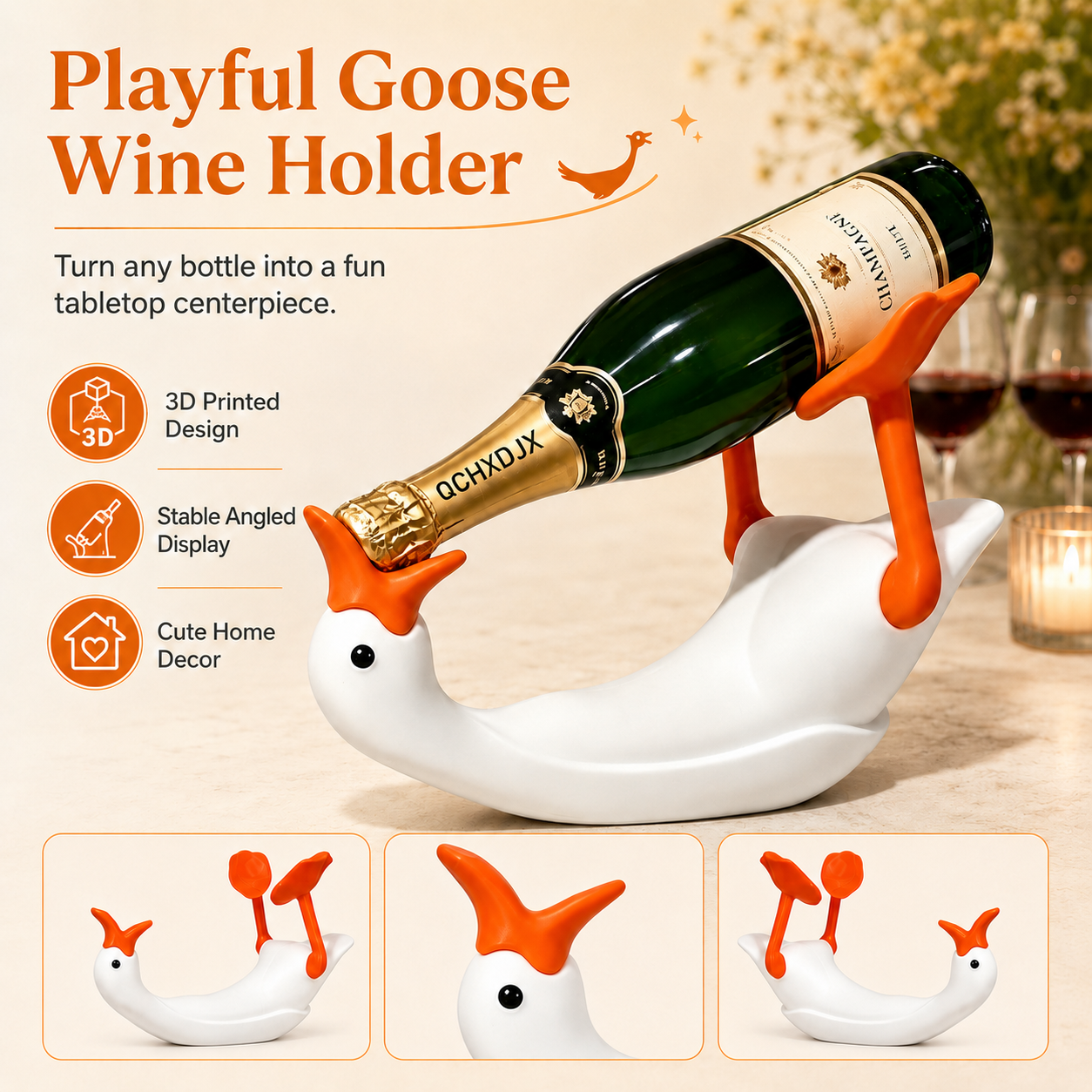 3D Printed Goose Wine Bottle Holder, Cute Duck Wine Rack for Tabletop Decor