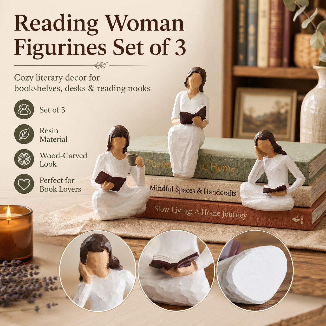 Reading Woman Figurines Set of 3 – Resin Bookshelf Decor