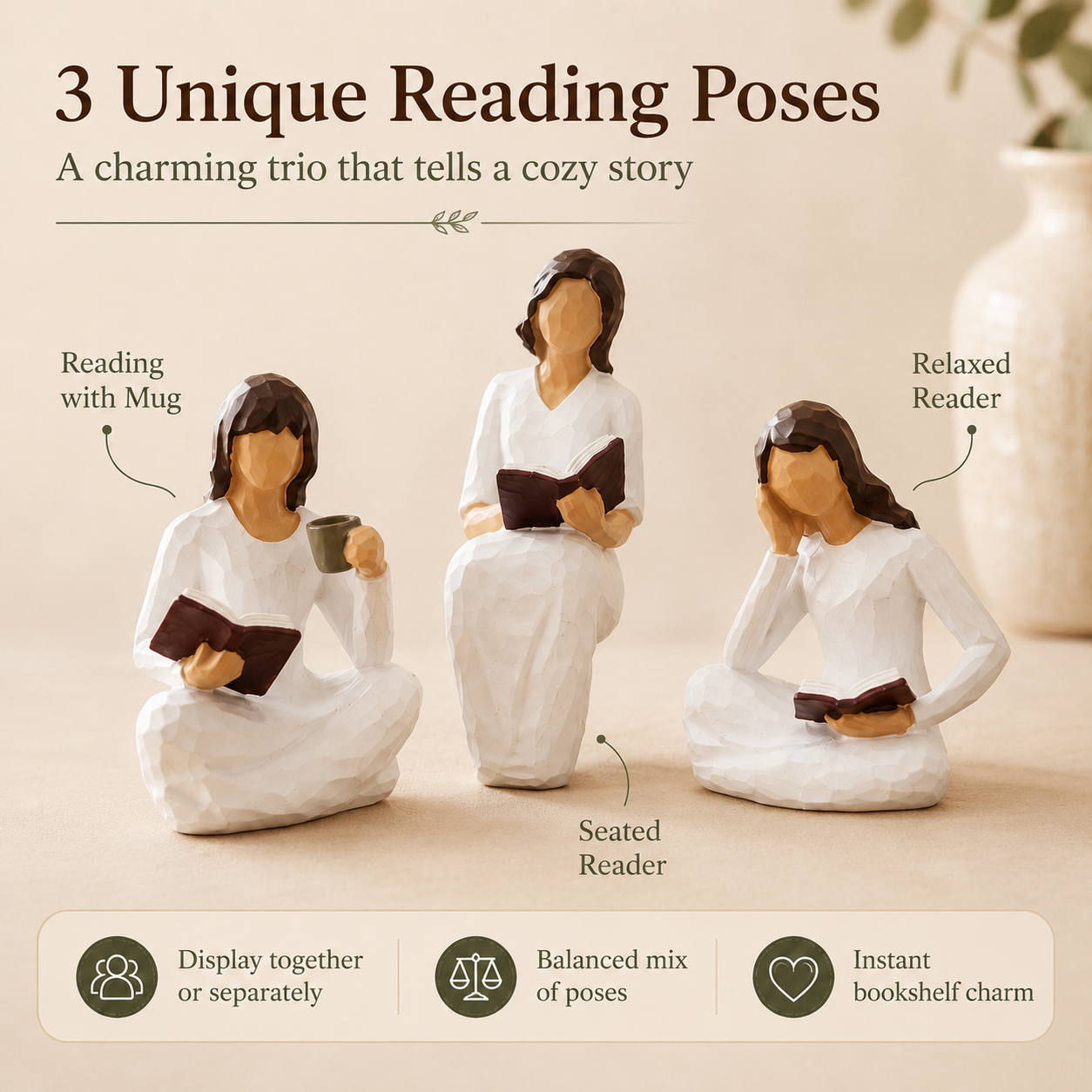 Reading Woman Figurines Set of 3 – Resin Bookshelf Decor