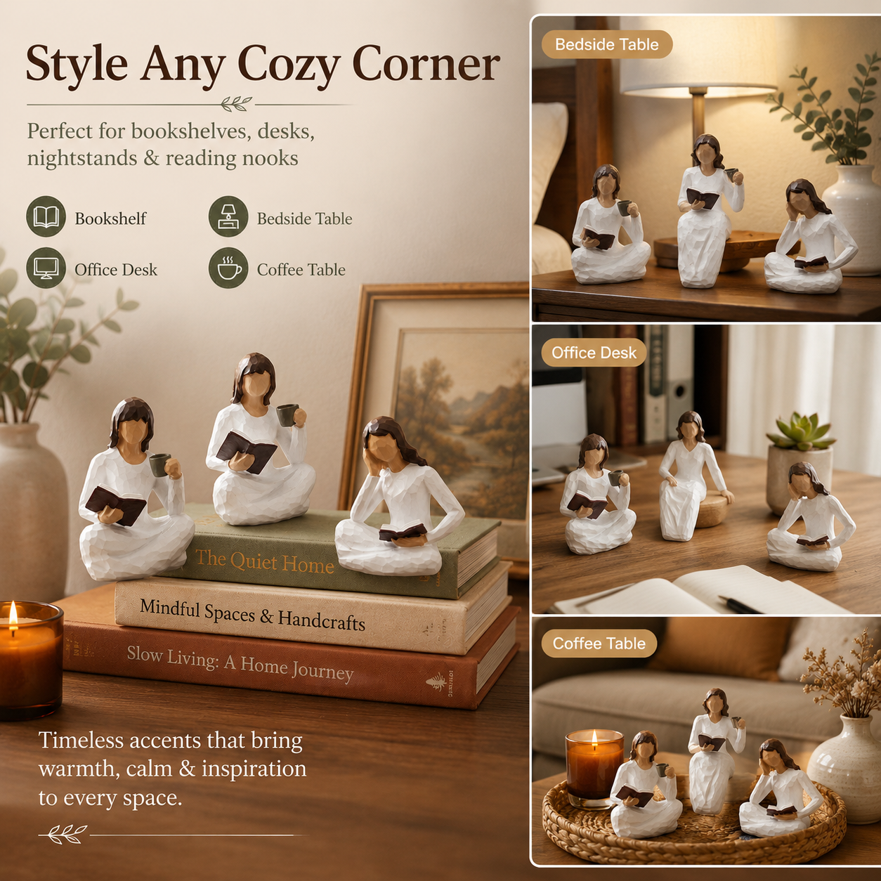 Reading Woman Figurines Set of 3 – Resin Bookshelf Decor