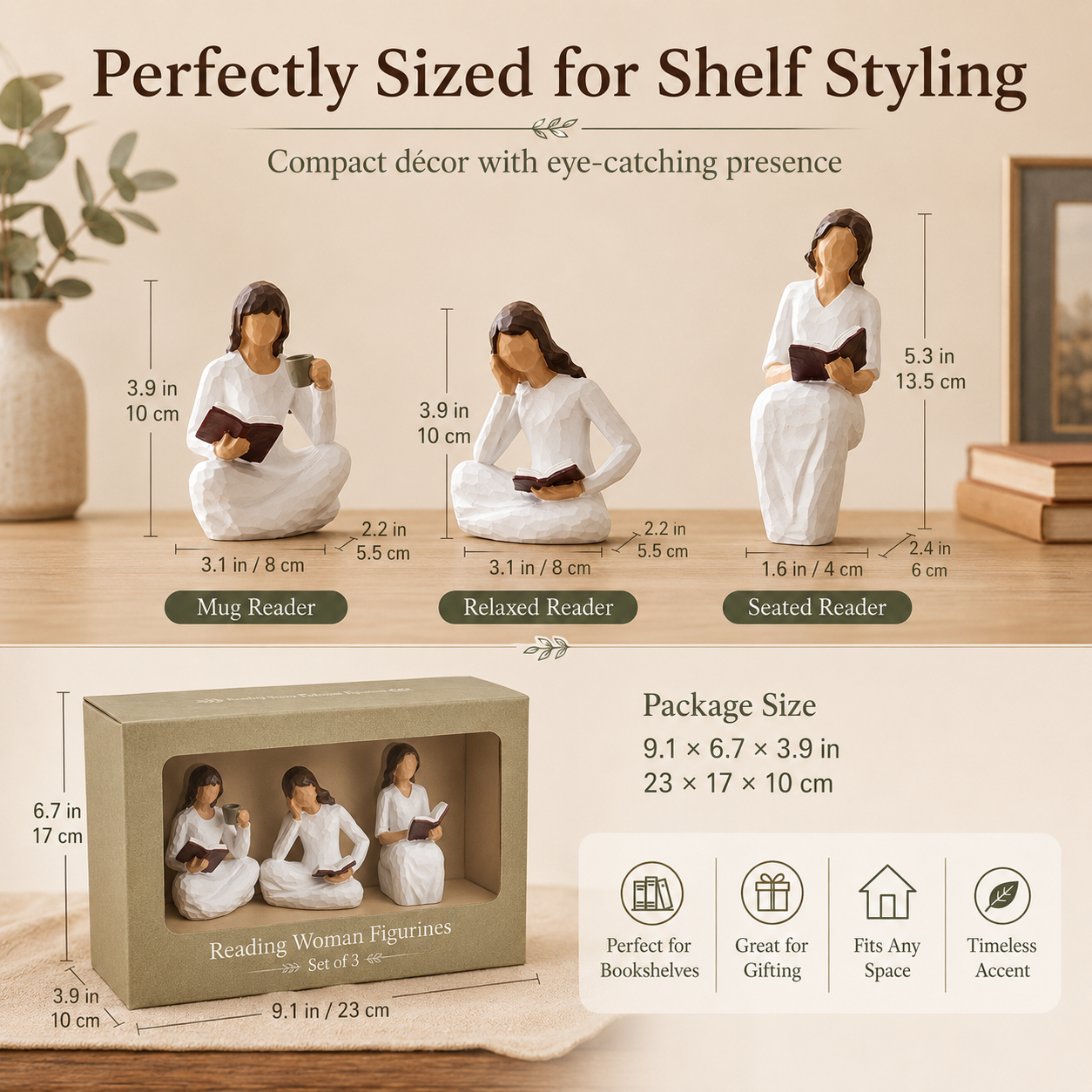 Reading Woman Figurines Set of 3 – Resin Bookshelf Decor