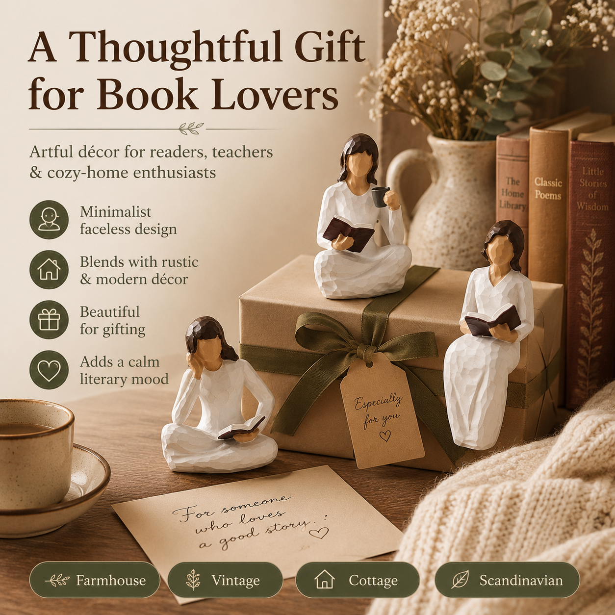 Reading Woman Figurines Set of 3 – Resin Bookshelf Decor